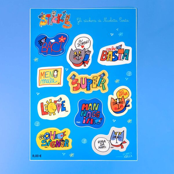 Foglio di sticker illustrati di Nicoletta Costa con personaggi e scritte colorate