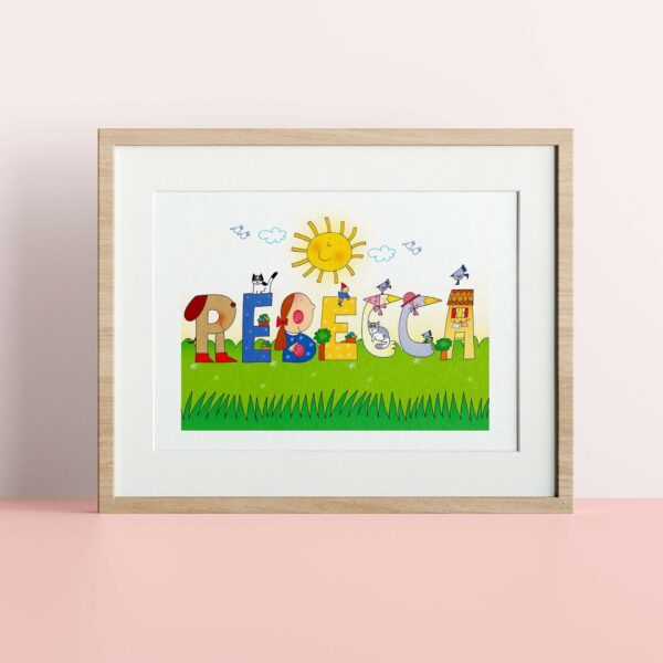 Nome illustrato personalizzato di Nicoletta Costa stampato su carta, mostrato in cornice a scopo dimostrativo