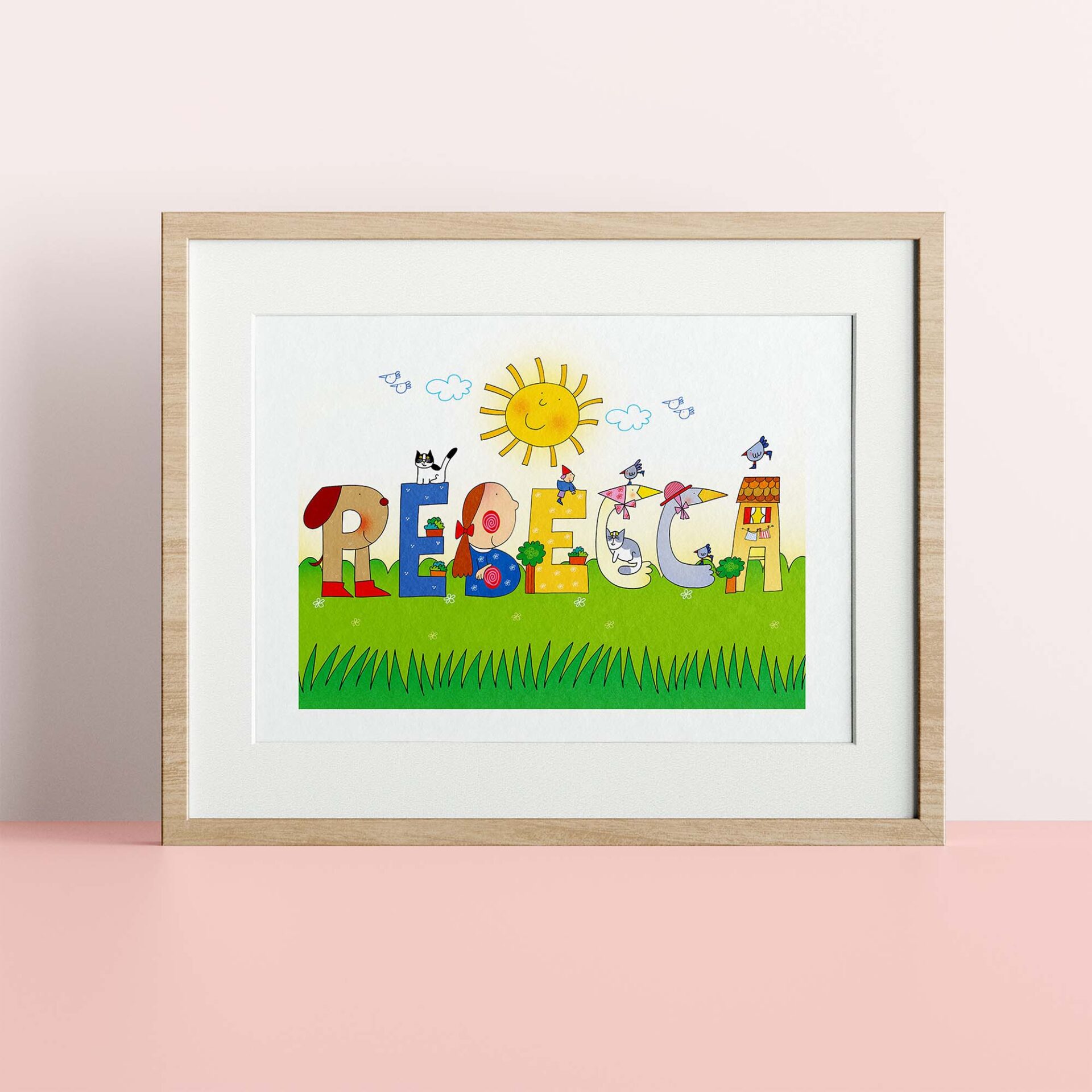 Nome illustrato personalizzato di Nicoletta Costa stampato su carta, mostrato in cornice a scopo dimostrativo