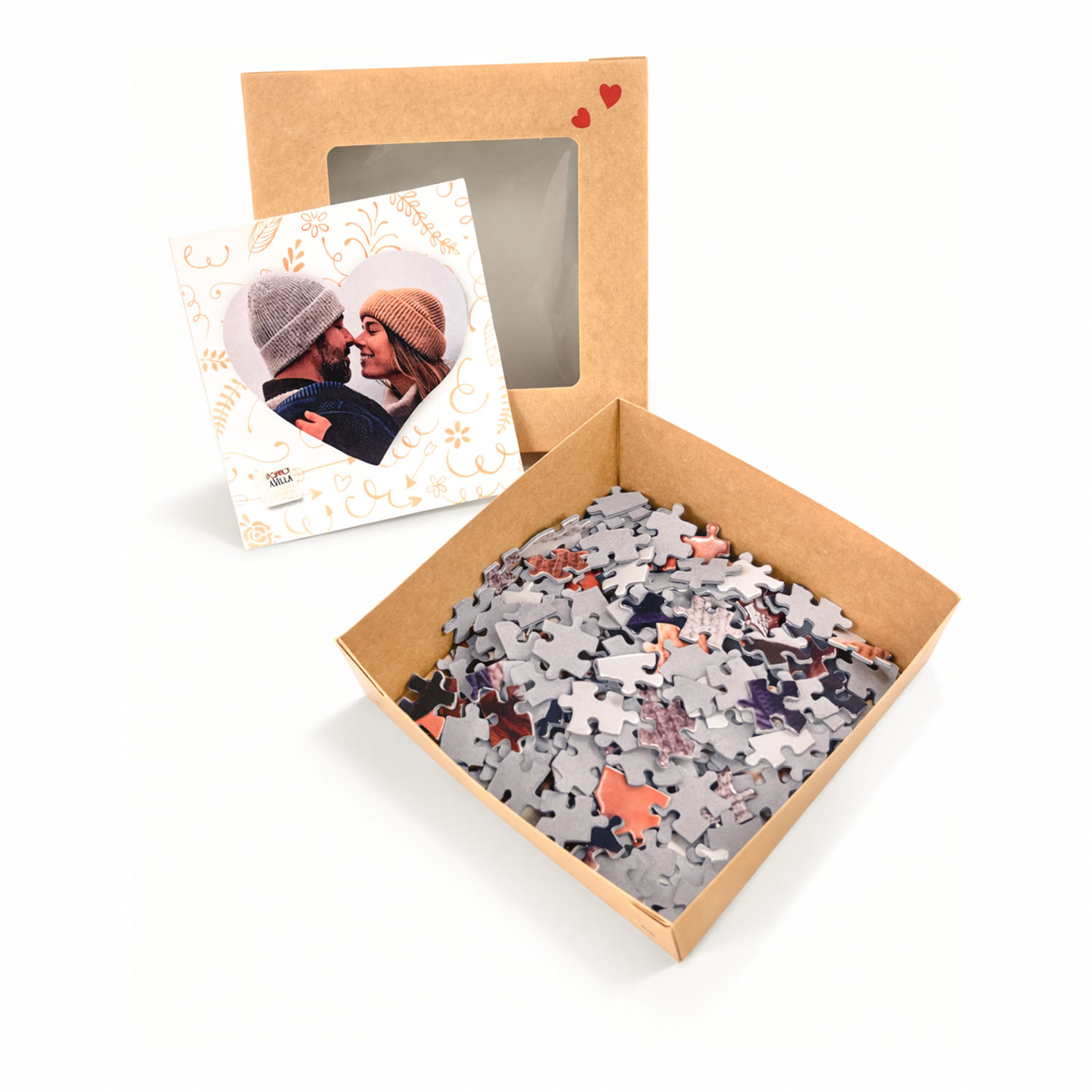 Puzzle a forma di cuore personalizzato con foto, con pezzi all’interno della scatola regalo take away con finestra trasparente
