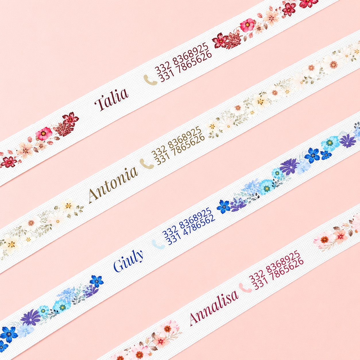 Campioni dei braccialetti trovami in tessuto personalizzabile con nome e numero di telefono