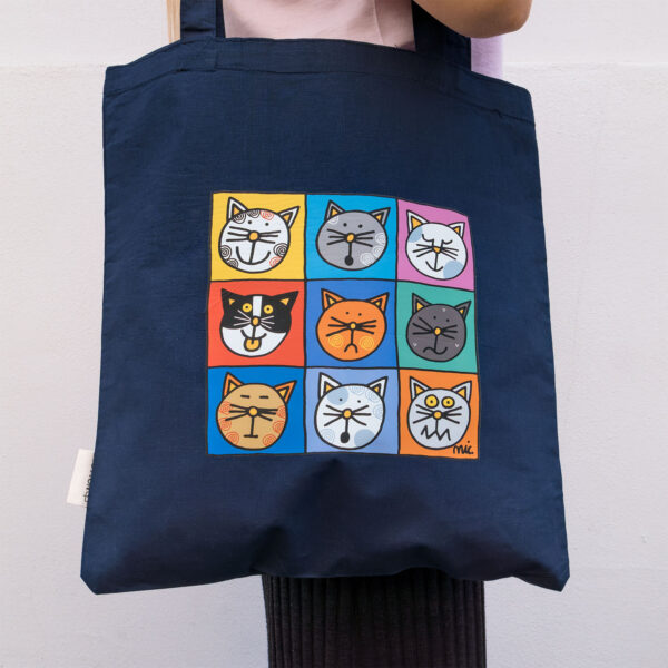 Shopper Gatti Colorati di Nicoletta Costa in cotone blu, personalizzabile con nome
