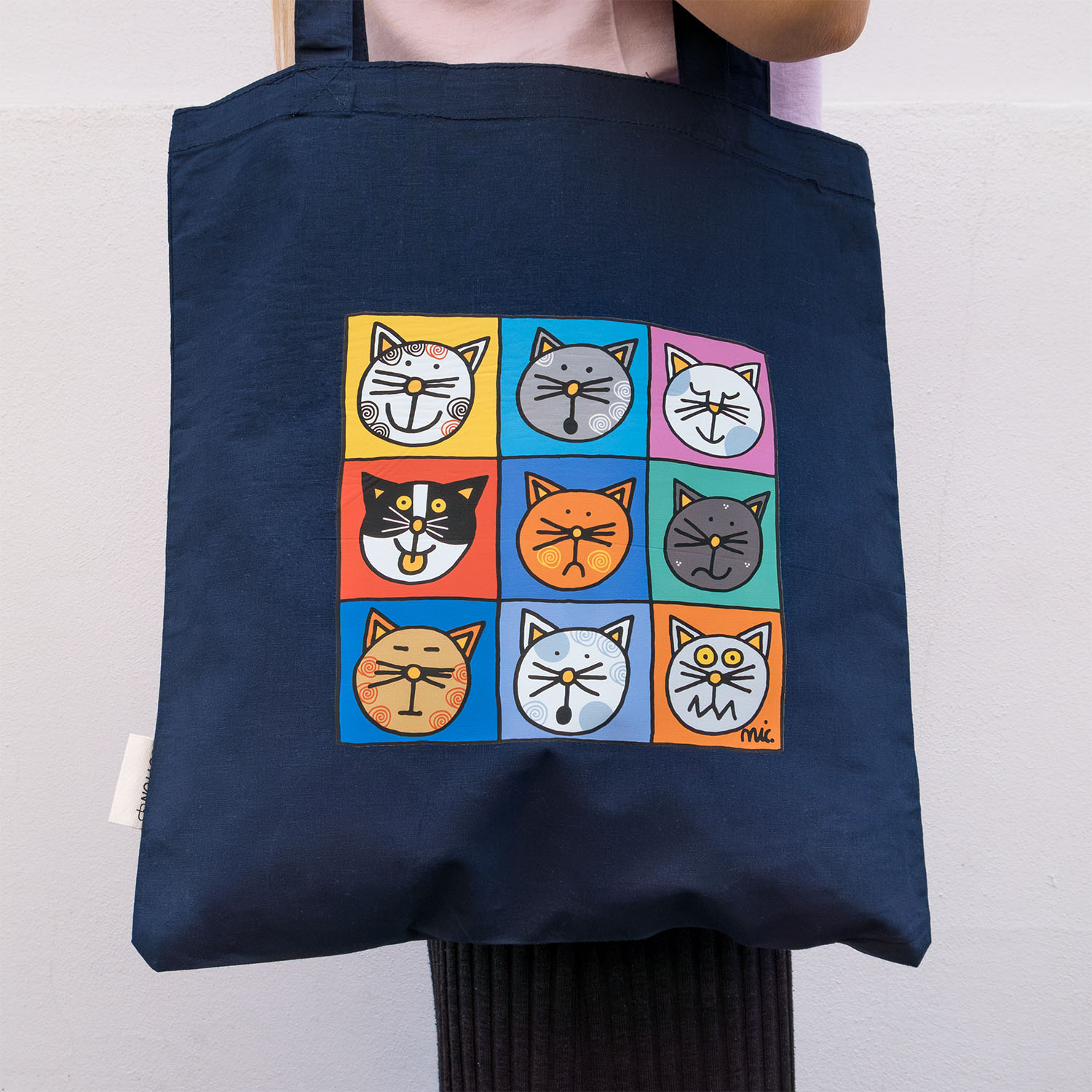 Shopper Gatti Colorati di Nicoletta Costa in cotone blu, personalizzabile con nome