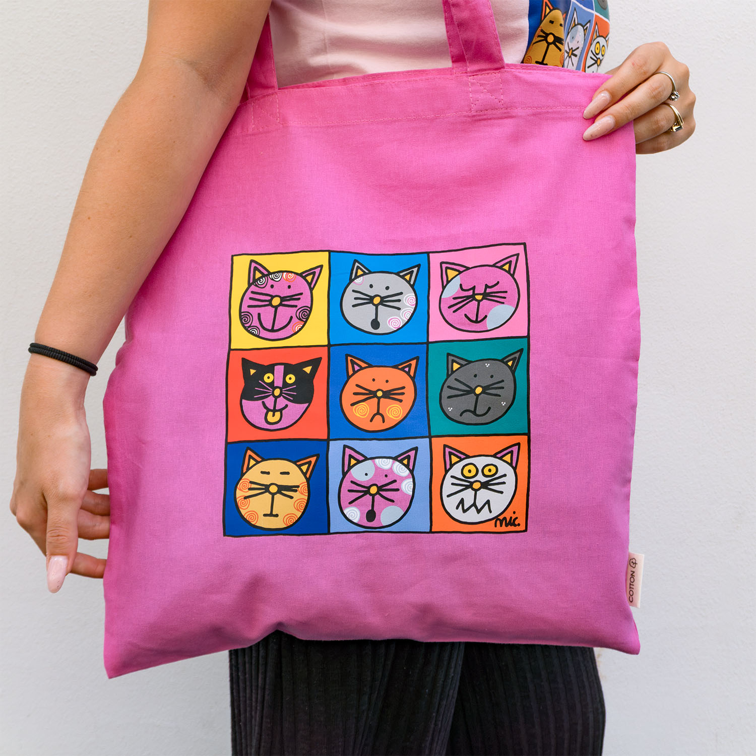 Shopper Gatti Colorati di Nicoletta Costa in cotone fucsia, personalizzabile con nome