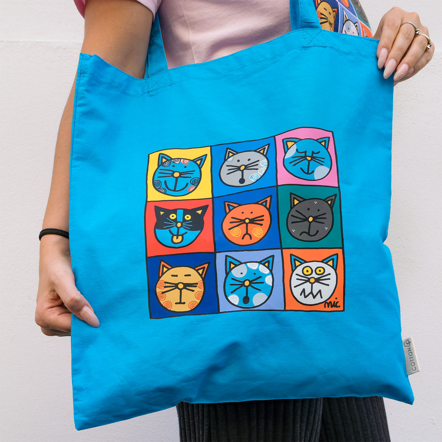 Shopper Gatti Colorati di Nicoletta Costa in cotone turchese, personalizzabile con nome